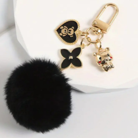 Accessories - *NEW* Black Heart-Shaped Teddy Bear Fur Ball Keychain